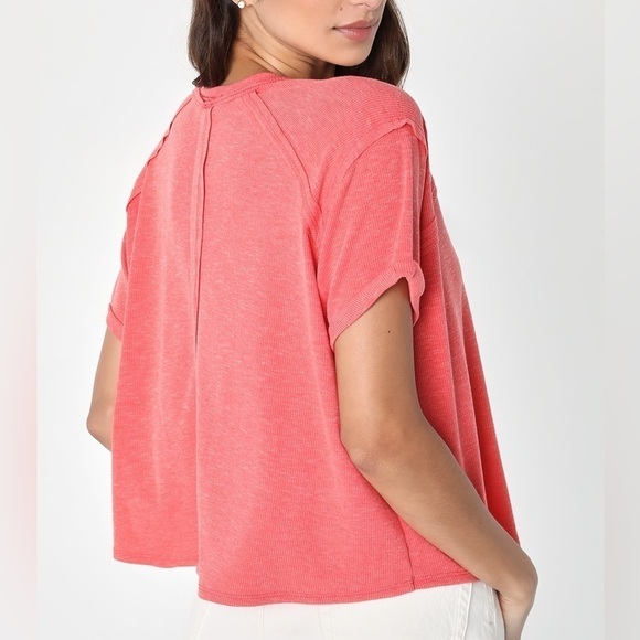 Lulu’s Cute Charisma Coral Pink Short Sleeve Slub Cropped Oversized Slouchy Tee - Picture 3 of 12